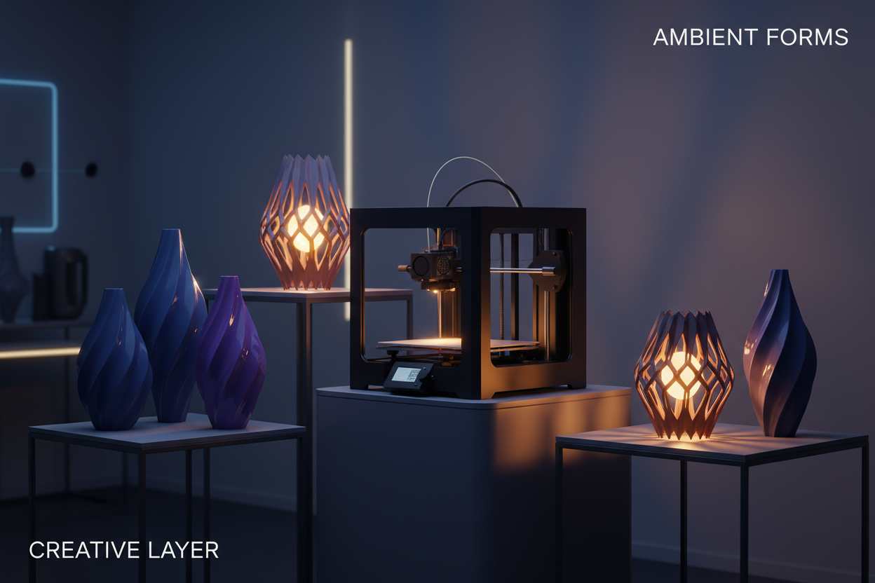 image avec imprimante 3d avec des vase et lapme imprimer en 3d une image pas trop claire en couleur car les texte sont blanc